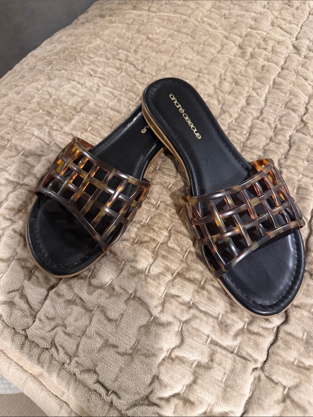 Andre Assous Black Slide Mules with Tortoiseshell Weave Upper